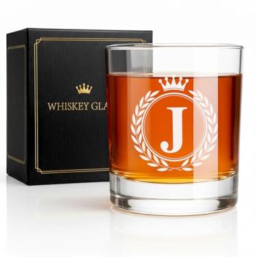 Imagem de Giftissimo Copos de uísque - Pedras presentes de vidro à moda antiga para homens, monograma A-Z 290 ml copos de uísque personalizados, presentes de aniversário de Natal para homens ele pai pai marido