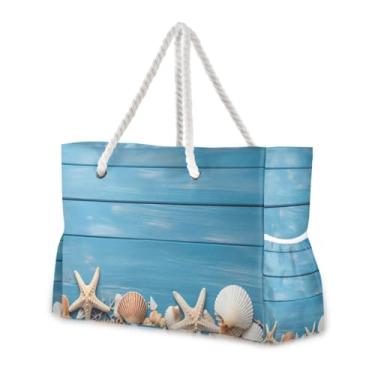 Imagem de Wassud Bolsa de praia azul de madeira com estrela-do-mar grande bolsa de praia para mulheres, impermeável, à prova de areia, bolsa de viagem com zíper e bolso para piscina, academia, acampamento