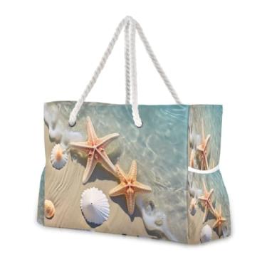 Imagem de Wassud Bolsa de praia feminina grande, estrela-do-mar, impermeável, à prova de areia, bolsa de viagem com zíper e bolso para piscina, academia, acampamento