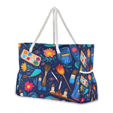 Imagem de Wassud Bolsa de praia com pincéis coloridos grandes bolsas de praia para mulheres, impermeável, à prova de areia, bolsa de viagem com zíper e bolso para piscina, academia, acampamento