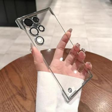 Imagem de HJZSZX Capa de luxo sem moldura para S24Ultra, fina, transparente, com lente de câmera, capa rígida à prova de choque (para S24Ultra/prateada)