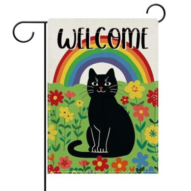 Imagem de Dyrenson Welcome Black Cat Decorative Garden Flag, Rainbow Flower Yard Outside Home Decoration Pet Cat Owner Lover Gift, Spring Summer Flower Burlap Outdoor Small Decor Dupla Face 12 x 18