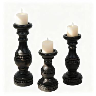 Imagem de HuiDao Suporte de vela de madeira maciça, castiçal de fazenda para vela de pilar, conjunto de 3, suporte de vela de madeira rústica, castiçais de madeira pequenos vintage decorativos para sala de