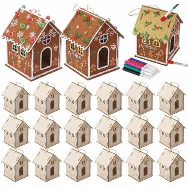 Imagem de DoubleFill 24 peças de casa de pão de gengibre de madeira, kit de artesanato DIY para crianças, casas de vila de Natal para atividades de sala de aula de férias com 12 marcadores de cor, pinte sua