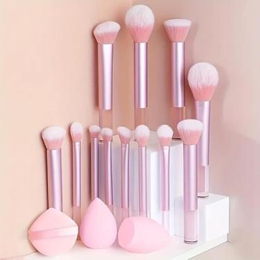 Imagem de Conjunto de pincéis profissionais de maquiagem rosa com liquidificador de beleza e sopro de pó, kit completo de pincéis cosméticos para base em pó, sombra e contorno