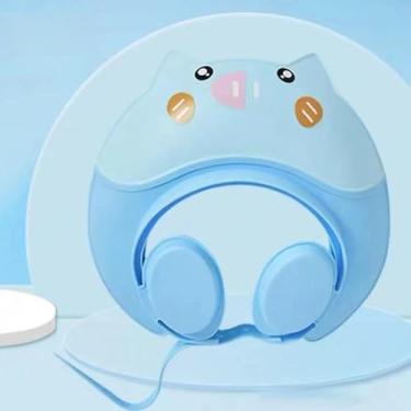 Imagem de Touca de banho azul de desenho animado, viseira de banho impermeável ajustável, chapéu de proteção de cabelo para a hora do banho