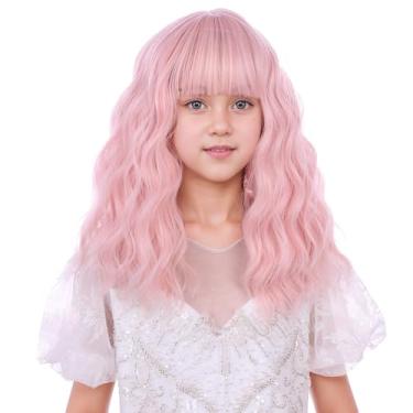 Imagem de DUDUWIG Peruca infantil rosa pastel curto rosa claro ondulado cacheado perucas meninas com franja de ar perucas de cabelo sintético cosplay