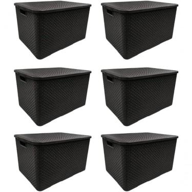 Imagem de Kit 6 Caixas Organizadoras Rattan 7 Litros Preta Com Tampa