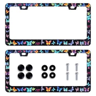 Imagem de 2 peças linda moldura de placa de licença borboleta borboletas aquarela molduras coloridas acessórios automotivos placa de licença de aço inoxidável para mulheres homens 6 x 12 polegadas