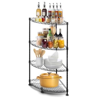 Imagem de Prateleiras de armazenamento de canto de aço carbono com 4 prateleiras com unidade de prateleira de arame resistente ajustável, organizador para quarto, sala de estar, cozinha, garagem, armário