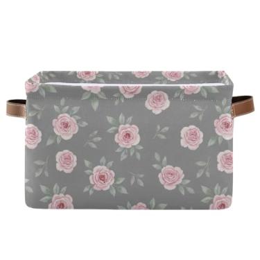 Imagem de Cestas de prateleira de 36 cm com alças - Caixas de armazenamento retangulares dobráveis decorativas para escritório em casa, quarto, aquarela, rosa, cinza, 1 pacote
