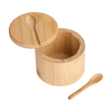 Imagem de Tigelas de sal e pimenta de bambu – Saleiro dividido com tampa giratória e colher, recipientes de tempero com tampa magnética para manter seco, mini colher embutida no topo