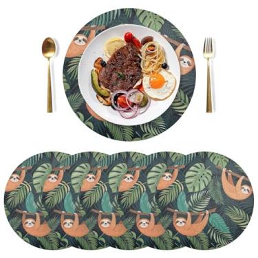 Imagem de Conjunto de 6 tapetes de mesa de cozinha de PVC redondos verdes tropicais preguiças 38 cm, jogo americano antiderrapante para uso ao ar livre