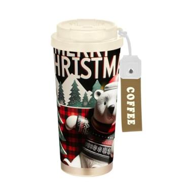 Imagem de Caneca de viagem de café 40 ml com canudo e tampa, revestimento cerâmico, isolamento a vácuo, aço inoxidável, copo de café, à prova de vazamento, urso de Natal