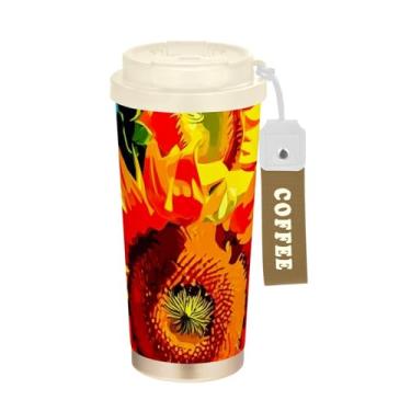 Imagem de TSENQUE Tinta a óleo floral amarela, copo de café de 473 ml com canudo e tampa, canecas de café de parede dupla isoladas a vácuo com revestimento cerâmico para escritório, escola, festa, acampamento