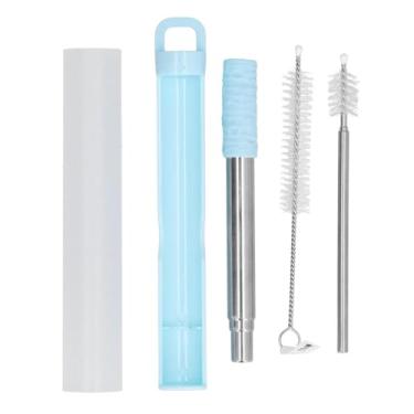 Imagem de Canudo dobrável de aço inoxidável 304 portátil telescópico com escova de limpeza azul