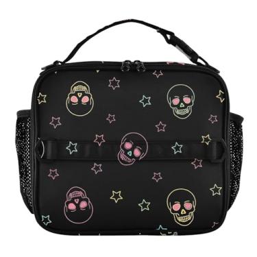 Imagem de Joisal Lancheira preta personalizada com caveiras neon coloridas com estrelas para mulheres e meninas, alça de ombro ajustável, lancheira masculina e infantil para trabalho, bolsa isolada floral