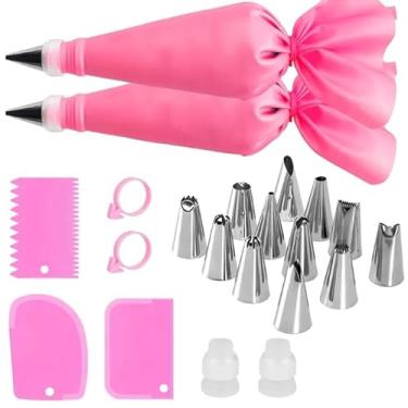 Imagem de Conjunto de sacos de confeitar e pontas, kit de decoração de bolo com 12 pontas de cobertura, 2 sacos de confeitar reutilizáveis, 2 acopladores, 3 raspadores e 2 anéis de silicone, ferramentas de
