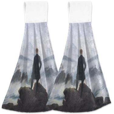 Imagem de TSENQUE Toalhas de mão personalizadas para cozinha David Friedrich Wanderer Above Sea of Fog com laço para pendurar na ponta dos dedos do forno conjunto de 2 toalhas macias absorventes fofas para