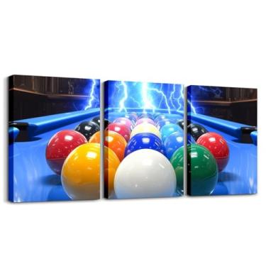 Imagem de Erosebridal Bolas de bilhar decoração de parede de sala de estar bolas de mesa de bilhar legais conjunto de 3 arte de parede de banheiro 40,6 cm C x 30,5 cm L cada, azul relâmpago mesas de bilhar