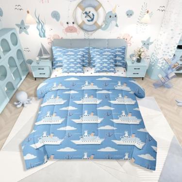 Imagem de Erosebridal Conjunto de cama solteiro para meninos, veleiro náutico, 7 peças, com lençóis, âncora de barco em uma bolsa, céu azul nuvem branca para quarto de crianças, adolescentes e homens