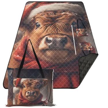 Imagem de TSENQUE Cobertor de praia de vaca Highland de Natal à prova de areia, à prova d'água, fofo, tapete dobrável para brincar ao ar livre para grama, 203 x 152 cm