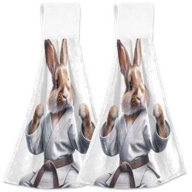 Imagem de TSENQUE Toalhas de mão personalizadas para pendurar no outono, coelho, karatê, coelho, toalha de banho, conjunto de 2 toalhas de cozinha fofas ultra absorventes decorativas, 45 x 35 cm
