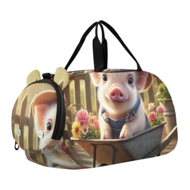 Imagem de Bolsa esportiva de viagem para meninos, fim de semana, bolsa de viagem para meninas, bolsa de viagem para dança, romântica, gato Titanic Love, Lindo jardim de porco floral, Clássico