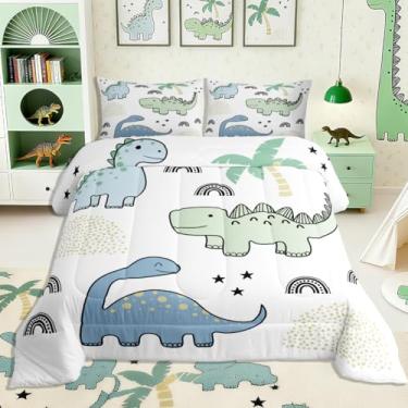 Imagem de Feelyou Conjunto de cama de dinossauro, macio, para meninos e meninas, fofo, arco-íris, tamanho solteiro, com desenho fofo, edredom de microfibra, 2 peças com 1 fronha