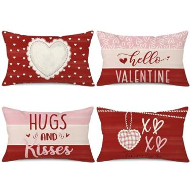 Imagem de NIGHTWISH Conjunto de 4 capas de almofada listradas vermelhas para Dia dos Namorados com corações de amor e beijos XOXO Capa de almofada natalina para decoração de casa (30,5 cm x 50,8 cm)