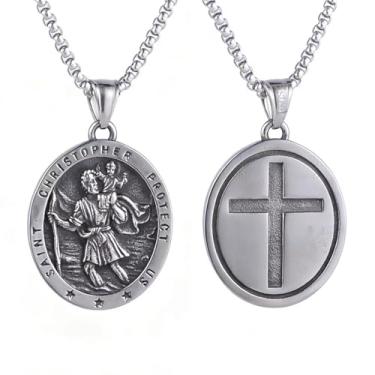 Imagem de Colar com pingente de medalha católica católica retrô masculina e feminina, aço inoxidável 316L, corrente quadrada de pérola de aço inoxidável prata, joia vintage de amuleto