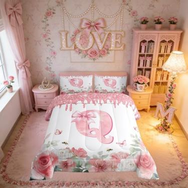 Imagem de Erosebridal Conjunto de cama Queen com laço monogramado, letra inicial, rosa, desenho animado com laço e letra, edredom para todas as estações, 3 peças