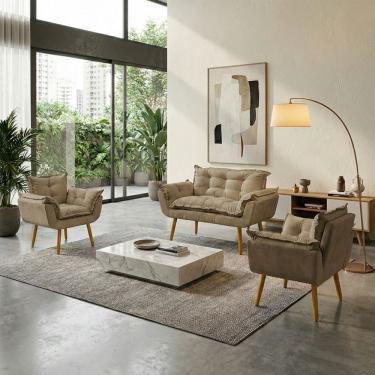 Imagem de Kit Namoradeira Decorativa E 2 Poltronas Confortável Para Sala Recepção Manicure Consultório Escritório Alice Tecido Suede