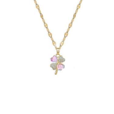 Imagem de Dtja Colar feminino com pingente de folha de trevo de cristal dourado CZ olho de gato trevo flor irlandesa colar gargantilha corrente ajustável dia de São Patrício joia de feriado 45,7 cm