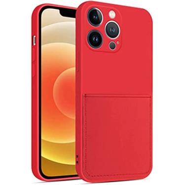 Imagem de AEHON GLUDGOAT Capa compatível com iPhone 13 Pro, com porta-cartão, capa de silicone líquido à prova de choque, forro de microfibra macia anti-arranhões, cinza grama (cor: vermelho)