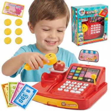 Imagem de Kit Caixa Registradora Moedinha Com Cartão Notas Mini Mercado Para Men