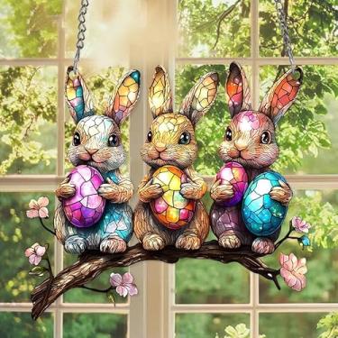 Imagem de Enfeite de acrílico plano de três coelhos para pendurar 20 cm, apanhador solar, coelhinho da Páscoa, ovo de Páscoa, troca de ideias para pendurar no quarto