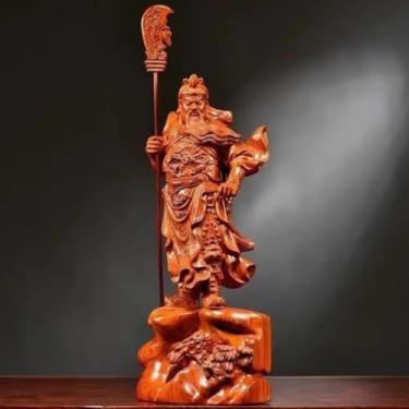 Imagem de FENNYYAR Escultura em madeira estátua de Guan Gong decoração doméstica, 30 cm 30 cm, ornamento Feng Shui para sala de estar