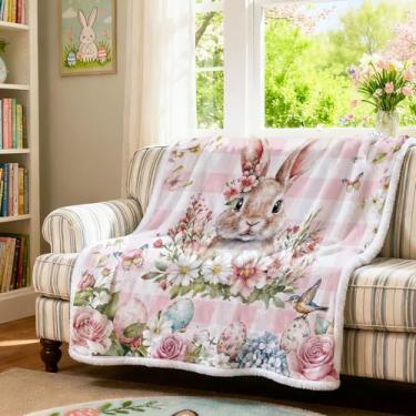 Imagem de Cobertor rosa de coelhinho da Páscoa, coelho fofo, ovos coloridos, flores com cobertores xadrez rosa e mantas cobertor macio e aconchegante para cama, sofá, 127 x 152 cm