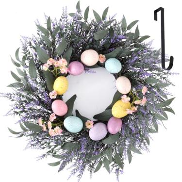 Imagem de WellSign Guirlandas de ovos de Páscoa para porta da frente externa, guirlanda grande de flores de primavera de lavanda roxa de 61 cm com cabide para parede, janela, lareira, ambientes internos e