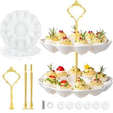 Imagem de Potchen Bandeja de cerâmica para ovos de 2 camadas, bandeja de ovos de Páscoa com 24 furos, contém torre destacável para ovos para festa de Páscoa, recipiente de alimentos para cozinha, bancada