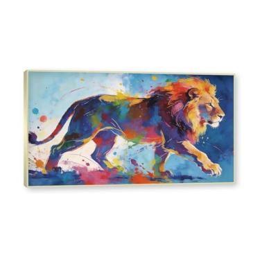 Imagem de NHLDZYH Moldura dourada. Arte abstrata de respingos de leão, pintura colorida de animais em tela, decoração de parede expressiva moderna para sala de estar ou escritório. A125. 60 x 108 cm - 23,7 x