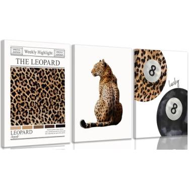 Imagem de Conjunto de 3 arte de parede em tela leopardo moderna Funky Lucky 8 Ball Poster Prints Preppy Room Aesthetic Cheetah Wall Decor Paintings Pictures for Girls Bedroom Apartment Dorm 30,5 x 40,6 cm