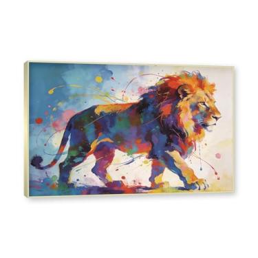 Imagem de NHLDZYH Moldura dourada. Quadro abstrato de leão - arte moderna com salpicos de cor vibrante - arte de parede energética para casa, escritório ou negócios - tela decorativa. A81. 30 x 45 cm.