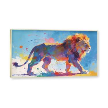 Imagem de NHLDZYH Moldura dourada. Pintura salpicada de leão pintura em tela abstrata arte animal mural vívido chama a atenção para sala de estar decoração moderna para casa. A112. 75 x 135 cm.