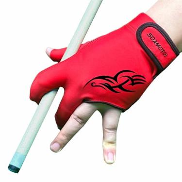 Imagem de soamotoi Luva de bilhar mão esquerda com 3 dedos, luva de bilhar respirável, secagem rápida, luvas profissionais de sinuca para acessórios de bilhar, luvas duráveis para tacos de bilhar (vermelho, GG)