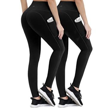 Imagem de Calça de ioga feminina com bolsos para celular, leggings de compressão para treino, controle de barriga, capri para ioga da Along Fit, Calça de Yoga, 2 Pairs- Black+ Black, Small