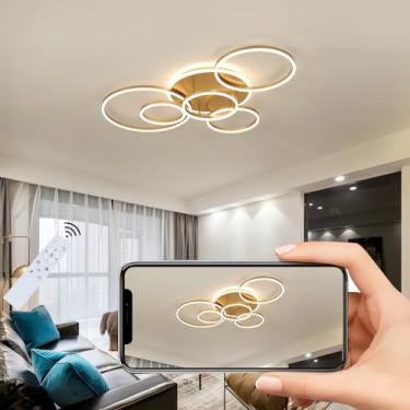 Imagem de Luminária de teto LED moderna para sala de estar, com intensidade de luz infinitamente ajustável, formato de anéis e controle remoto. Lâmpadas de teto redondas de 3000-6000K para quarto, sal