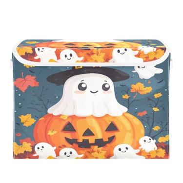 Imagem de SEHANY Cesto de armazenamento de armário de fantasmas de desenho animado fofo com tampas e alças, organizador de cestas de armazenamento de tecido dobrável, caixas de armazenamento de cubo grande para