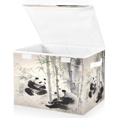 Imagem de Blueangle Cestos de armazenamento de bambu panda chinês com tampas, 42 x 32 x 30 cm, grande cesta organizadora dobrável para decoração de escritório e armário (258)